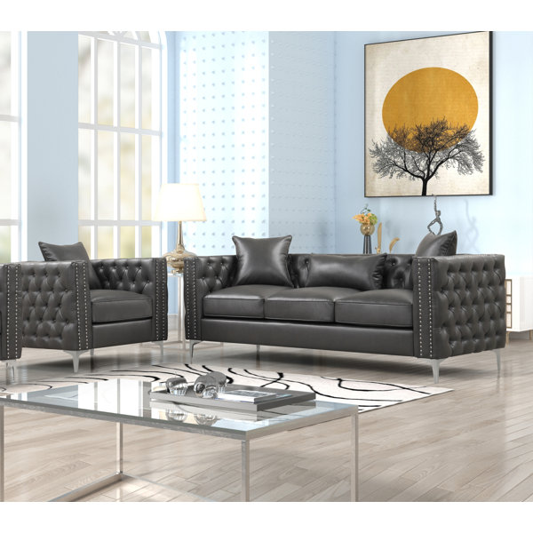 Wrought Studio Dark Grey 2-Piece Leather Living Room Set | Wayfair